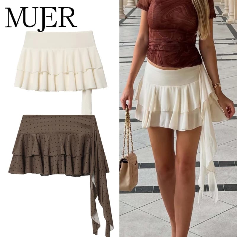 MUJER Pleated Mini Skirt Women Polka Dot Skorts for Women's Skirts Ruffle Mid Waist Skirt Women Layered Short Skirts for Woman