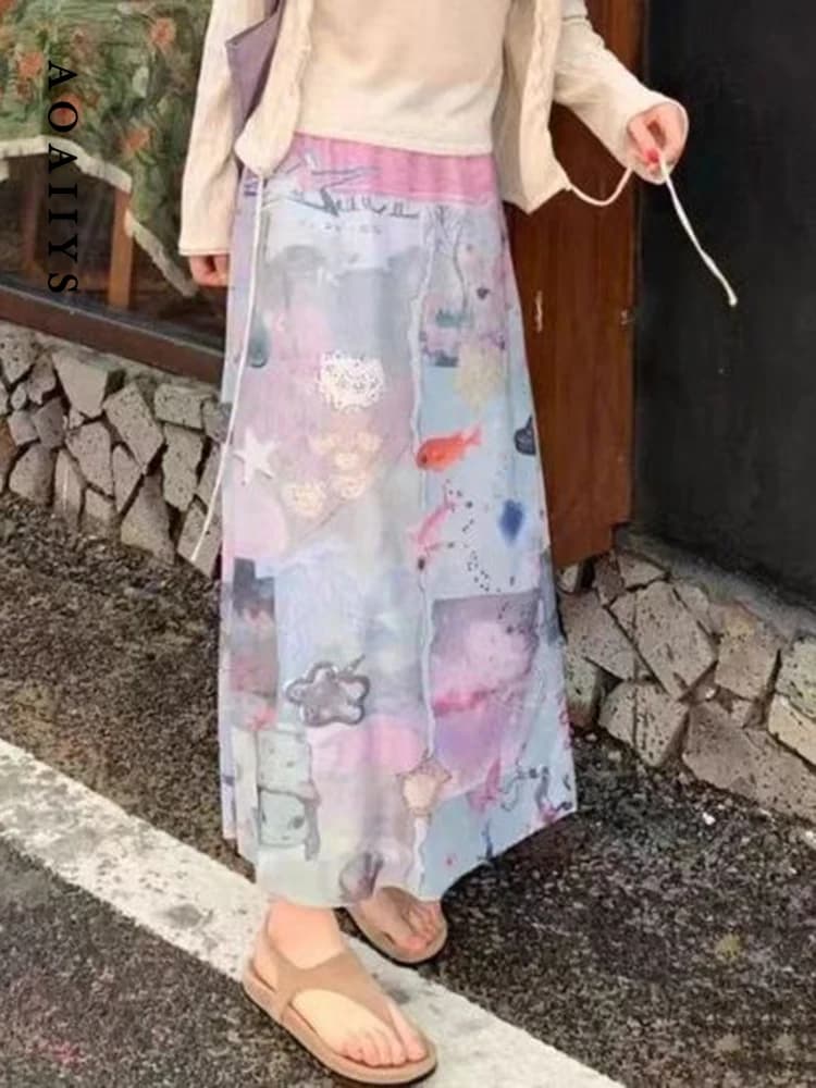 Aoaiiys Skirts Women Print Pattern Mesh Skirt Fashion Vintage A-Line Skirt 2026 Summer New Comfortable High Waisted Long Skirts