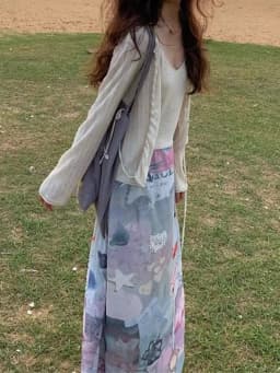 Aoaiiys Skirts Women Print Pattern Mesh Skirt Fashion Vintage A-Line Skirt 2026 Summer New Comfortable High Waisted Long Skirts