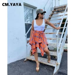 CM.YAYA Women Plaid Irregular High Waist Knee Length Skirts 2022 Summer Holiday Streetwear Sleeve Wrapped Lace Up Waist Skirt