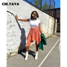 CM.YAYA Women Plaid Irregular High Waist Knee Length Skirts 2022 Summer Holiday Streetwear Sleeve Wrapped Lace Up Waist Skirt