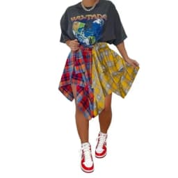 CM.YAYA Women Plaid Irregular High Waist Knee Length Skirts 2022 Summer Holiday Streetwear Sleeve Wrapped Lace Up Waist Skirt