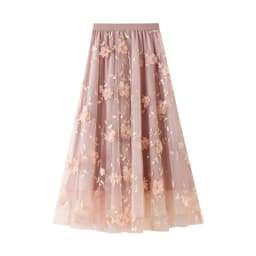 New In 2025 Women's Spring Summer Floral Embroidery Mesh Elegant Midi Long Skirt Female High Waist Sweet A-line Tulle Faldas