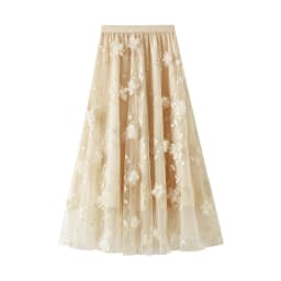 New In 2025 Women's Spring Summer Floral Embroidery Mesh Elegant Midi Long Skirt Female High Waist Sweet A-line Tulle Faldas