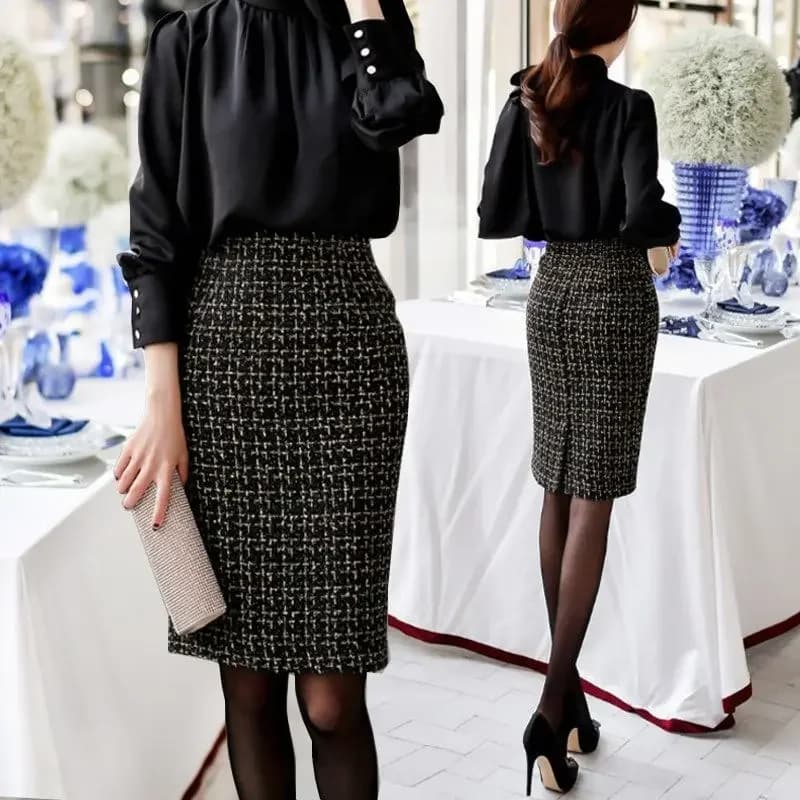Women's Autumn Winter New High Waist Slim Split Skirts Female Knee-Length Plaid Skirts Ladies Woolen Pencil Skirts E7735