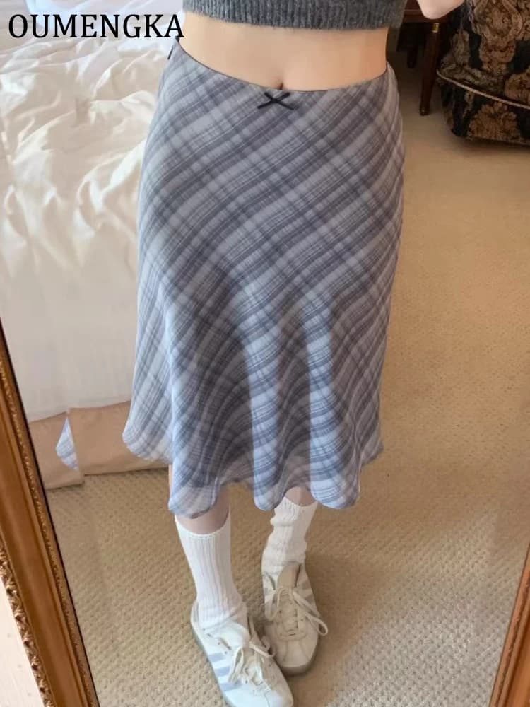 Summer Knee Length Plaid Chiffon Skirts Woman Vintage Fashion Y2k Bow Decoration Chic Female High Waist A Line Skirts Mujer