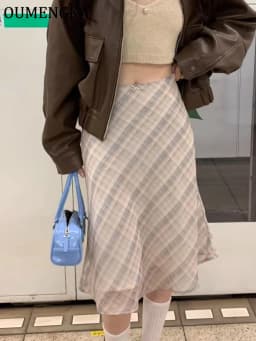 Summer Knee Length Plaid Chiffon Skirts Woman Vintage Fashion Y2k Bow Decoration Chic Female High Waist A Line Skirts Mujer