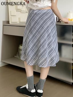 Summer Knee Length Plaid Chiffon Skirts Woman Vintage Fashion Y2k Bow Decoration Chic Female High Waist A Line Skirts Mujer