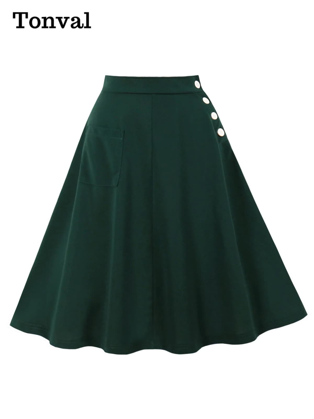 Tonval One Pocket Front Buttons Side Swing Skirt 2025 Vintage Clothes for Women Green Elegant Plain Skirts