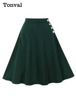 Tonval One Pocket Front Buttons Side Swing Skirt 2025 Vintage Clothes for Women Green Elegant Plain Skirts