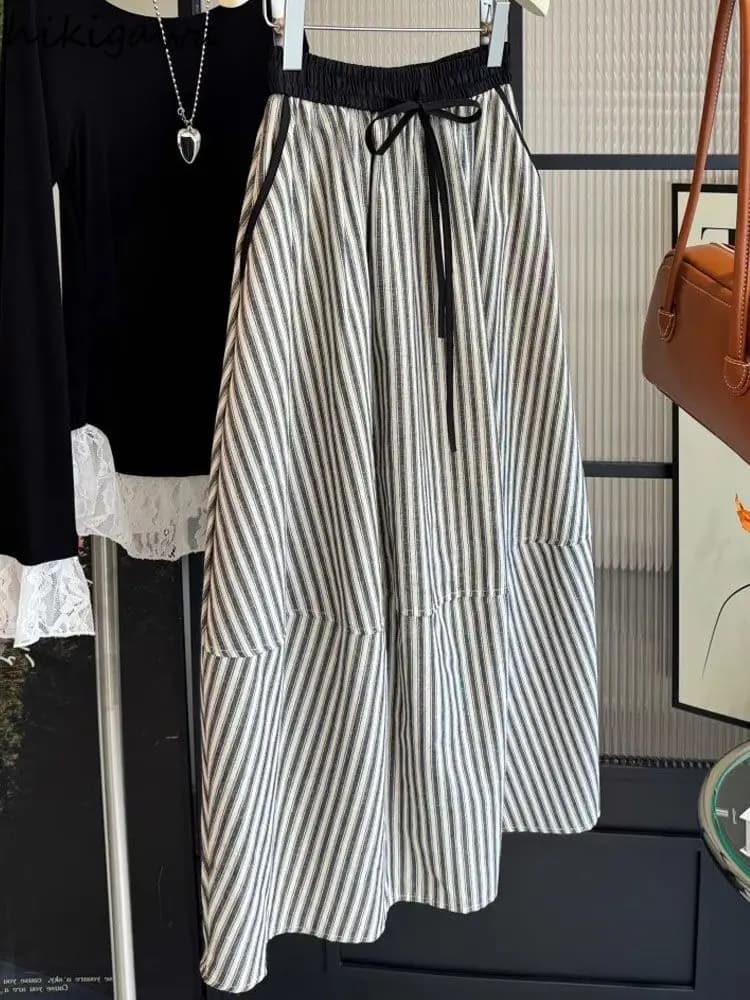 Vintage Striped Skirts for Women Elastic High Waist Slim Fit Jupe 2025 Faldas Mujer De Moda Loose Summer Saia Casual Chic Skirt