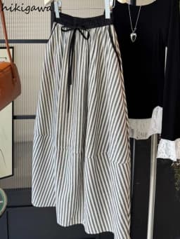 Vintage Striped Skirts for Women Elastic High Waist Slim Fit Jupe 2025 Faldas Mujer De Moda Loose Summer Saia Casual Chic Skirt