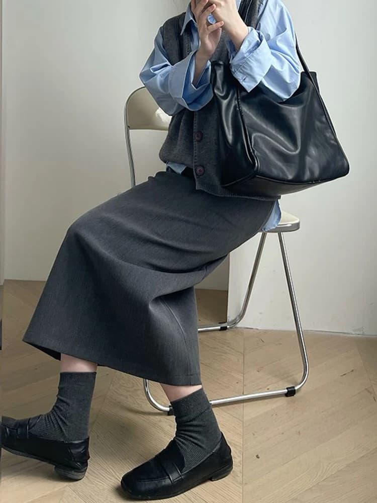 ay High Waist A-Line Skirt Women's Spring Summer Slimming Skirt Polyester Fabric Straight Cut Midi Skirt