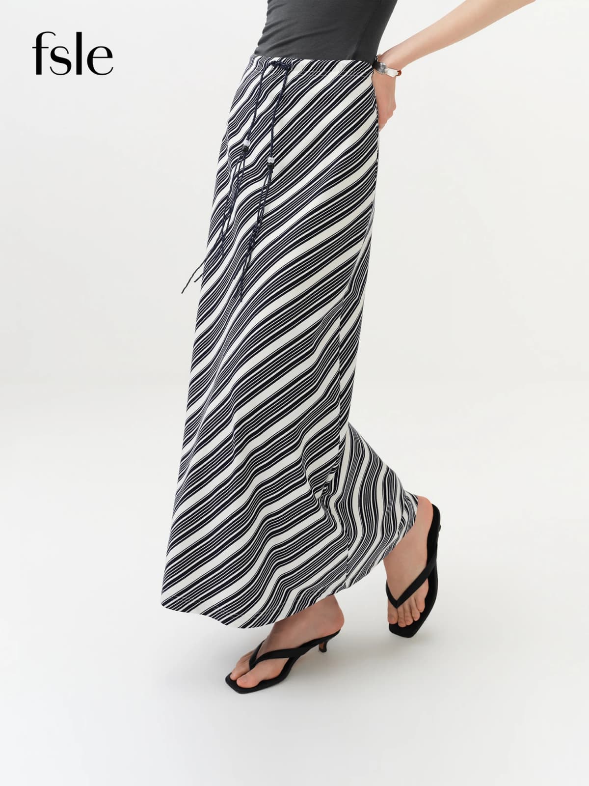 FSLE Vintage Striped Maxi Skirt For Women 2026 Summer New H - Line Straight Resort Style Casual Loose Long Skirt for Vacation