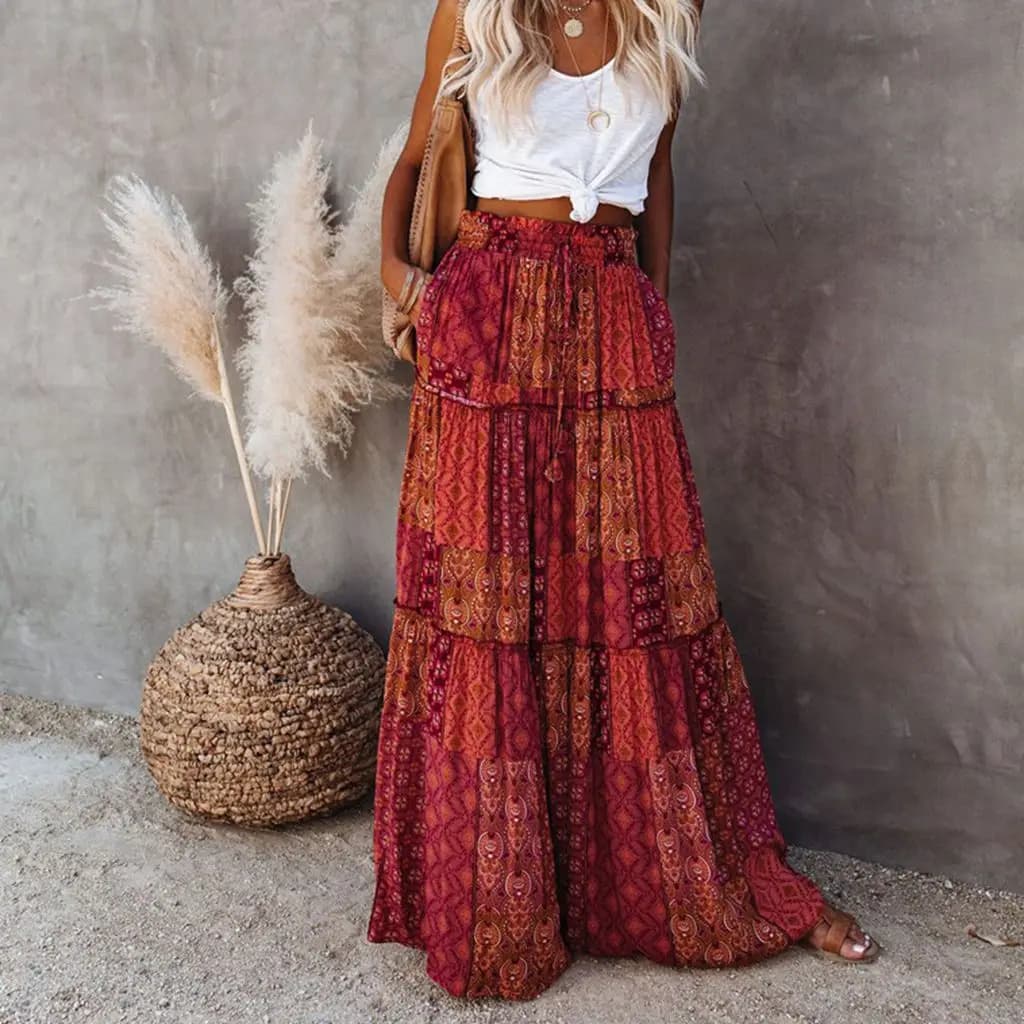 Combhasaki Women's Summer Bohemian Y2K Retro Drawstring Elastic High Waist Casual Loose A-Line Swing Long Skirt with Pockets