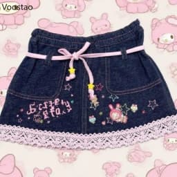Japanese Kawaii Lolita Style Denim Skirt Women Sweet Cute Cartoon Lace Patchwork Ruffles Party Mini Skirt Girls Y2k Faldas Mujer