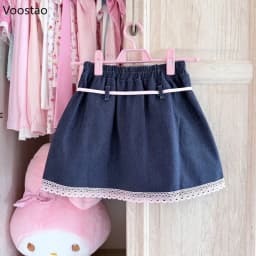 Japanese Kawaii Lolita Style Denim Skirt Women Sweet Cute Cartoon Lace Patchwork Ruffles Party Mini Skirt Girls Y2k Faldas Mujer