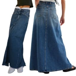 Combhasaki Women Y2K Vintage Button Mid Waist Denim Long Skirt Solid Color Tassel Raw Hem A-line Skirts with Pockets Streetwear