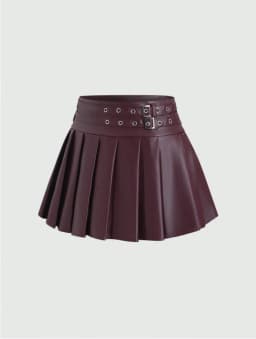 2026 New Women's Black Pu Leather Skirt High-waisted A-shaped Pleated Skirt