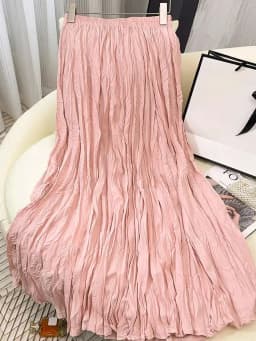 Spring Summer Elastic Waist Skirts Women Wrinkled Soft Solid A Line Long Skirt With Linning