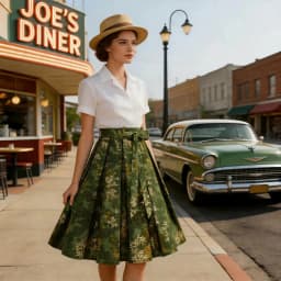 Tonval Green Botanical Print Pleated Skirts for Women 2024 Belted Knee Length Vintage Style 50s Skirt