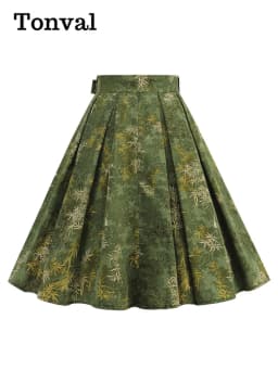 Tonval Green Botanical Print Pleated Skirts for Women 2024 Belted Knee Length Vintage Style 50s Skirt