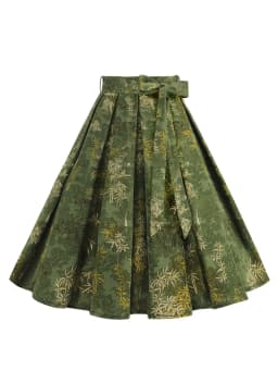 Tonval Green Botanical Print Pleated Skirts for Women 2024 Belted Knee Length Vintage Style 50s Skirt