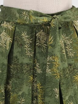 Tonval Green Botanical Print Pleated Skirts for Women 2024 Belted Knee Length Vintage Style 50s Skirt