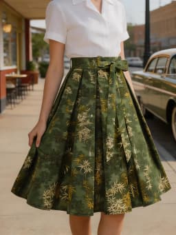 Tonval Green Botanical Print Pleated Skirts for Women 2024 Belted Knee Length Vintage Style 50s Skirt
