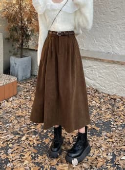 Korean Women's Brown Skirt 2024 Autumn Winter Black High-waisted Corduroy Long Skirt Ladies College Style Pleated A-line Skirts