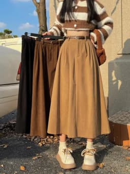 Korean Women's Brown Skirt 2024 Autumn Winter Black High-waisted Corduroy Long Skirt Ladies College Style Pleated A-line Skirts