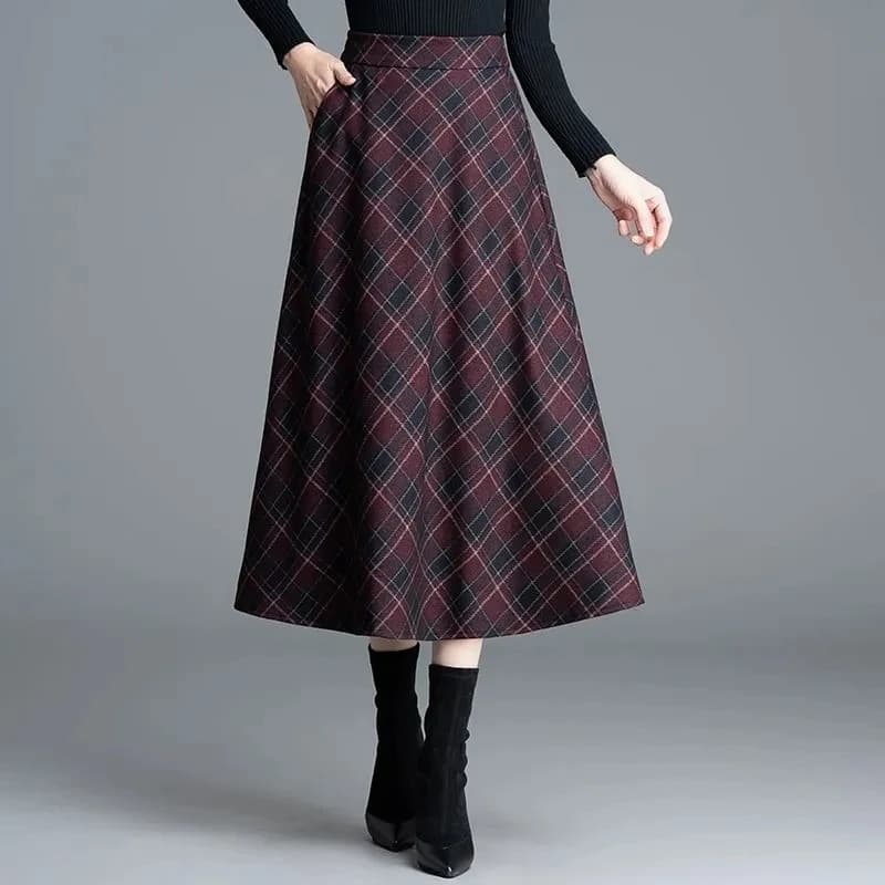 Autumn Winter Long Woolen Skirts Women Vintage Maxi Skirts High Waist Warm Elegant Office Lady Elastic A-Line Plaid Skirt W1788