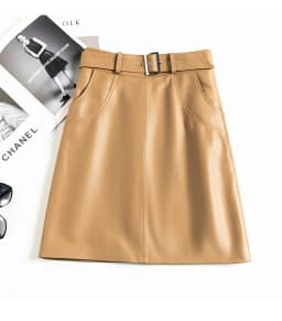 Clothes For Women 2025 Genuine Leather Skirt Female A-line Pockets Wrap Jupe Mujer Midi Long Belt Dark Green Saias Femininas