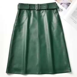 Clothes For Women 2025 Genuine Leather Skirt Female A-line Pockets Wrap Jupe Mujer Midi Long Belt Dark Green Saias Femininas