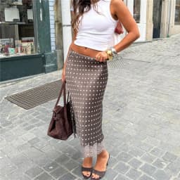 Women Polka Dot Satin Silk Midi Skirt Retro High Waist Lace Trim Long Skirts A Line Vintage Y2k Going Out Streetwear