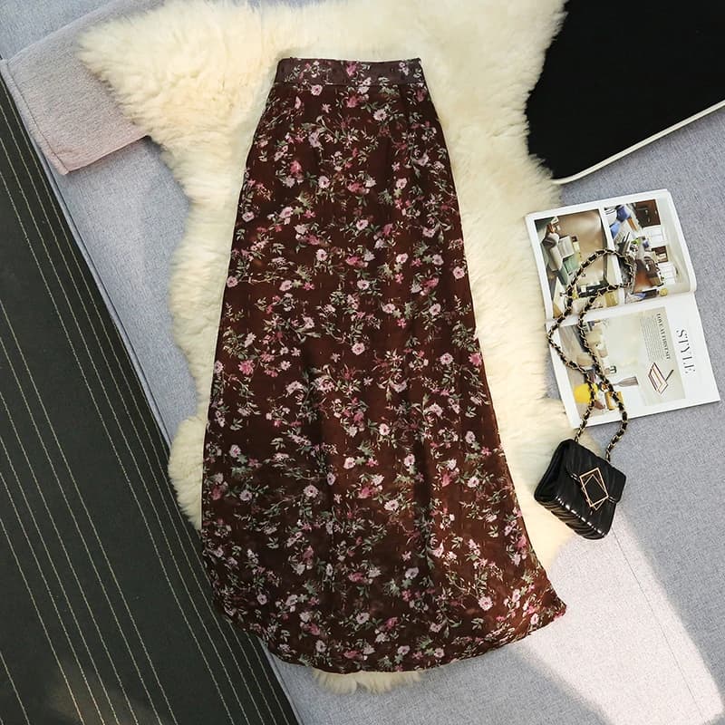 New Women Slim Elegant Skirts Vintage Floral Print A-line Mermaid Long Skirts Summer Streetwear High Waist Chiffon Holiday Skirt