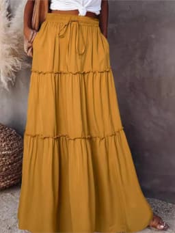 Women's Spring Autumn New Long Skirt Solid Color Fashionable Mushroom Layered Skirt High Waist Elastic Ruffle Skirt