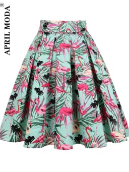 3XL High Waist Floral Rockabilly Pleated Skirts Womens Summer Red Rose Flower Bohe 50s 60s Vintage Skirt Midi Oversized Clothing