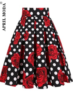 3XL High Waist Floral Rockabilly Pleated Skirts Womens Summer Red Rose Flower Bohe 50s 60s Vintage Skirt Midi Oversized Clothing