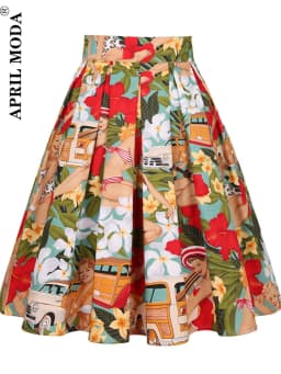 3XL High Waist Floral Rockabilly Pleated Skirts Womens Summer Red Rose Flower Bohe 50s 60s Vintage Skirt Midi Oversized Clothing