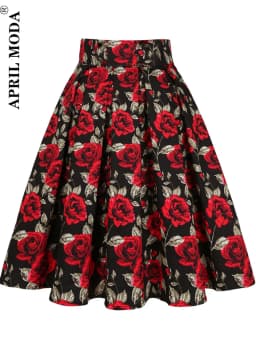 3XL High Waist Floral Rockabilly Pleated Skirts Womens Summer Red Rose Flower Bohe 50s 60s Vintage Skirt Midi Oversized Clothing