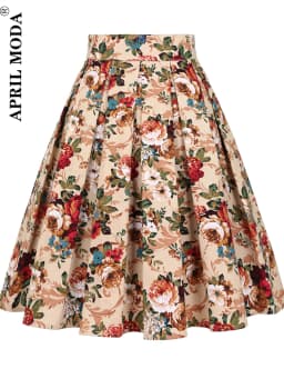 3XL High Waist Floral Rockabilly Pleated Skirts Womens Summer Red Rose Flower Bohe 50s 60s Vintage Skirt Midi Oversized Clothing