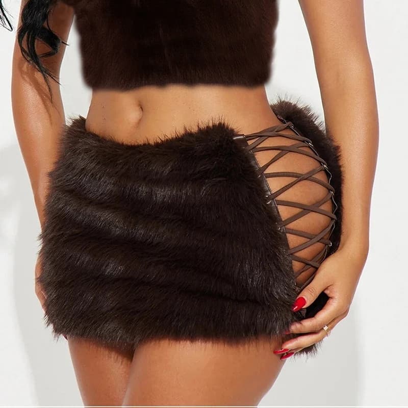 Women Side Bandage Bodycon Skirt Luxury Artificial Fur Mini Skirt Elegant Lady Vintage Grunge Pencil Skirt Female Club Party