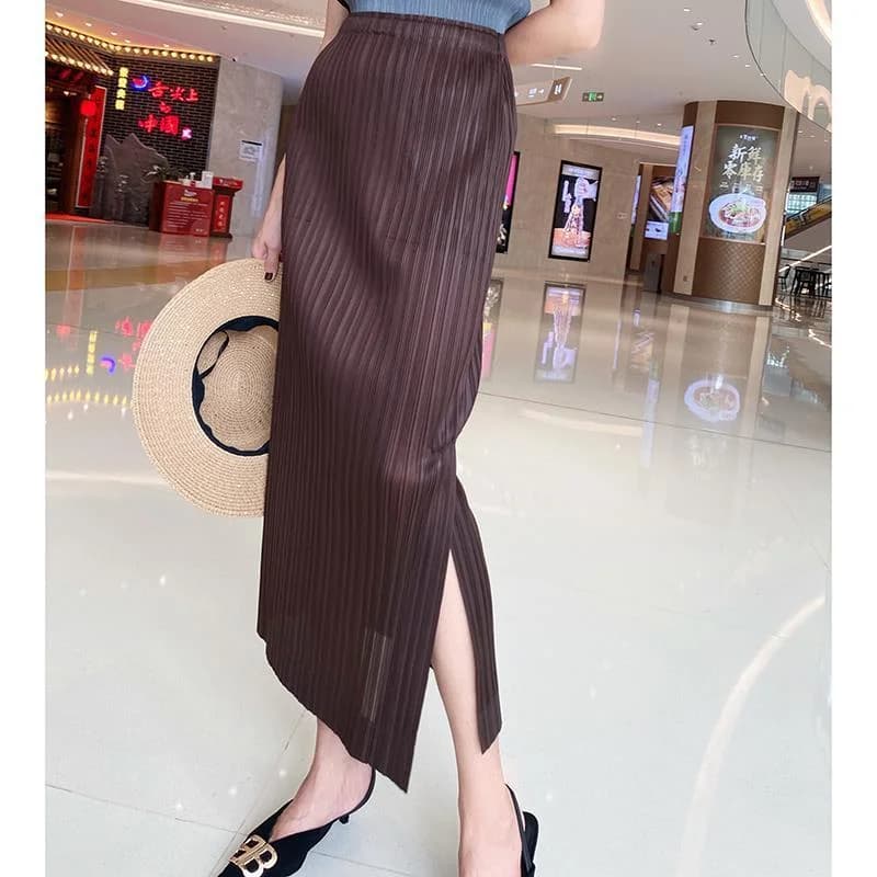 Elegant Pleated Midi Skirt High Waist Straight Cut Slimming Korean Style City Commute Polyester Fiber Wrap Skirt 003