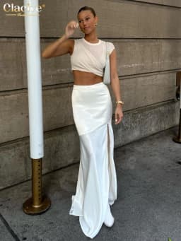 Clacive Sexy Loose White Satin Skirts For Women 2024 Fashion High Waist Long Skirt Elegant Chic Slit Skirt Female Clothing