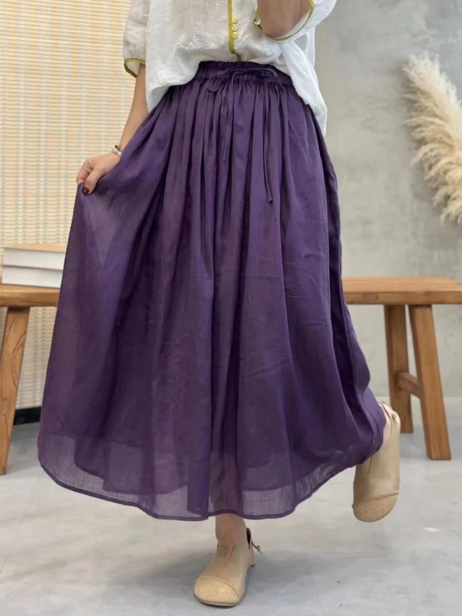 Elegant Artistic Summer New Style Pure Color Loose Waist Fairy Skirt Women's High Waist Midi Skirt A-Line Long Skirt