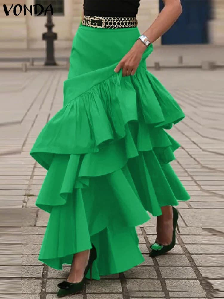 VONDA Women Skirts Elegant Solid Color Party Overskirt 2025 Summer Beach A-Line Ruffled Jupe Casual Loose Bottoms Oversized