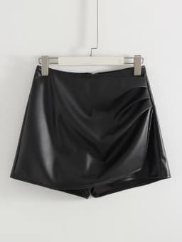 Women PU Mini Skirts With Shorts Black Asymmetric Skort For Women Irregular Short Skirts Spring Faux Leather Skorts Brown Ladies