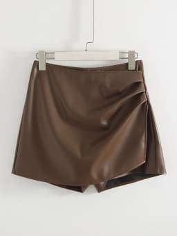 Women PU Mini Skirts With Shorts Black Asymmetric Skort For Women Irregular Short Skirts Spring Faux Leather Skorts Brown Ladies