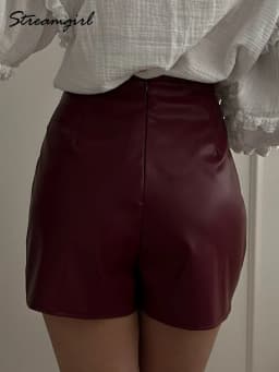 Women PU Mini Skirts With Shorts Black Asymmetric Skort For Women Irregular Short Skirts Spring Faux Leather Skorts Brown Ladies